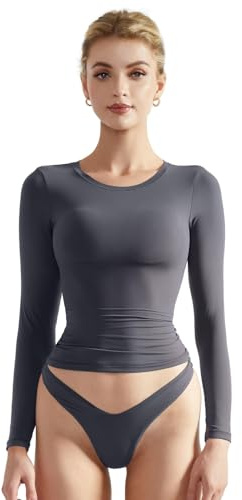 SUUKSESS Women Double Lined Fitted Basic T Shirts Crew Neck Long Sleeve Crop Top