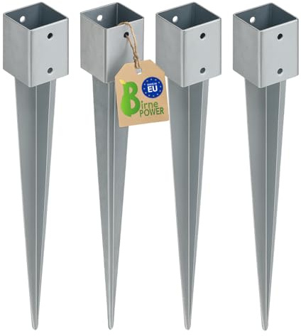 BirnePower Pfostenträger 4er Set 46x46 mm Einschlagbodenhülsen Pfostenanker Square Erdanker Erdspieß Bodenanker Einschlaghülse aus Stahl zum Einschlagen für Holzpfosten Feuerverzinkt Länge 550 mm