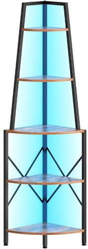 HOOBRO Eckregal 5 Ebenen mit LED-Beleuchtung, Bücherregal, Standregal, Pflanzenregal, Lagerregal für Wohnzimmer, Küche und Arbeitszimmer, 42 x 42 x 172,5 cm, Vintagebraun und Schwarz EBF120DCJ01