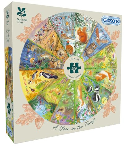 Gibsons National Trust A Year in the Forest 500 Piece Circular Jigsaw Puzzle for Adults – Seasonal Wildlife & Animals Artwork by Claire Comerford – Premium Sustainable Puzzle Made in UK/EU
