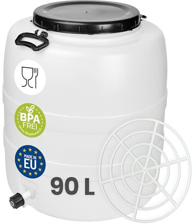 Garronda 90 L mit Hahn und Pressring Weithalsfass Futtertonne HDPE GD-0187 | Mit Deckel, für Wasser, Lebensmittel, Lagerung und Fermentierung, als Kunststofffass, Regenfass, Gärbehälter und Vorratsfass