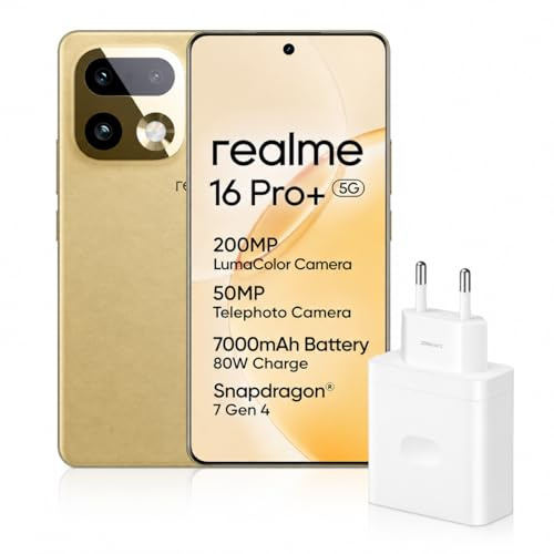 realme 16 Pro+ 5G Smartphone, 8+256 GB, 200MP LumaColor Primary Camera 50MP Front Camera,6.8 144 Hz AMOLED Curved display, Snapdragon® 7 Gen 4, 7000mAh Battery, 80W SuperVOOC, IP69K, Gold