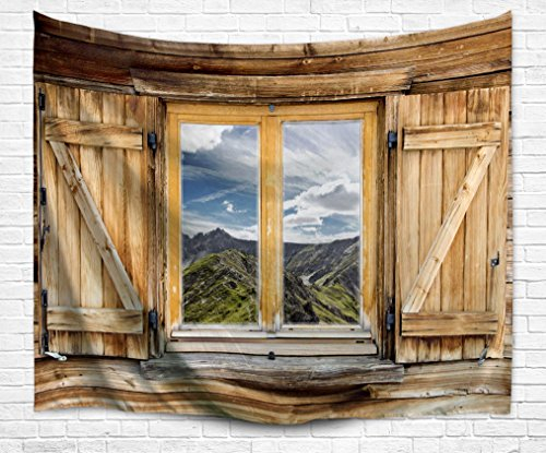 izielad Vintage Holzfenster grün Berge Schlafzimmer Wohnzimmer Kinder Mädchen Jungen Zimmer Wohnheim Zubehör Wandbehang Tapisserie 229x153cm 90x60
