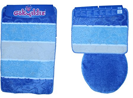 Anka Textil Badgarnitur 3-Teilig Badmatte Bad Set 85x55cm Hänge WC Streifen Eckig (Blau)