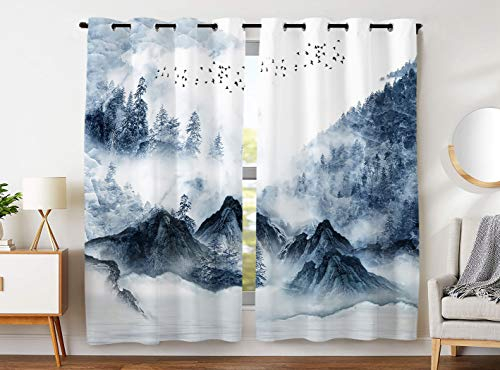 YISUMEI - Gardinen Blickdichter - Eisiger chinesischer Tintenart Wald,180 x 140 cm 2er Set Vorhang Verdunkelung mit Ösen für Schlafzimmer Wohnzimmer