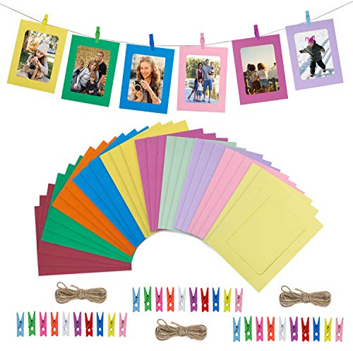HONGXIN-SHOP Fotorahmen aus Papier Wanddeko DIY Kreative Bilderrahmen Foto hängende Anzeige Foto mit Mini Holzklammern und Hanfseil 30 Stück 10 Farben
