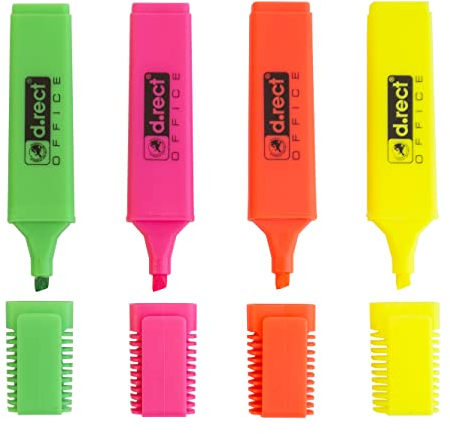 D.RECT 1127 4 Stück 4er Set Fluo Textmarker mit Schrägkeilspitzet
