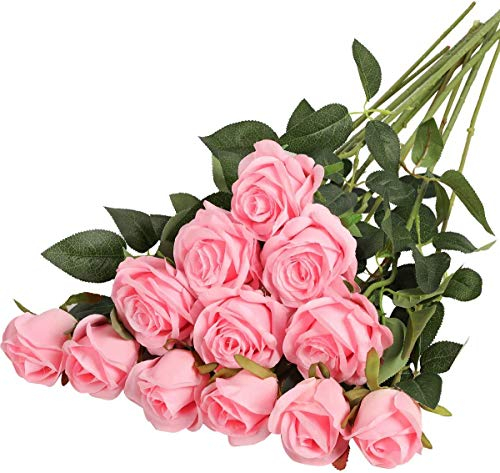 Hawesome 12PCS Artificial Roses Fake Flowers Single Long Stem Blooms With Rose Buds Wedding Decoration Bridal Bouquet Decorative Flower Arrangement Home Decoration Party Centerpieces in Pink