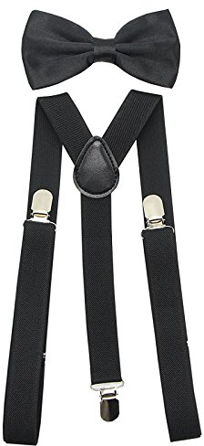 SUNTRADE Hosenträger für Herren und Damen, elastisch, Y-Form, verstellbar, mit Clips und Fliege Gr. Einheitsgröße (Schwarz)