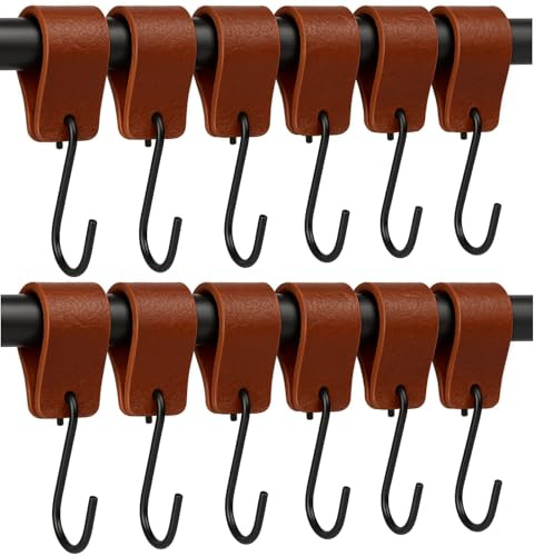 Brute Strength S-Haken mit Lederschlaufe – Cognac – 12 Stück – Kleiderhaken | Kleider- und Garderobenhaken mit Lederschlaufe aus Vollnarbenleder; S-Haken für Kleiderstange, Handtücher, Küche und Bad