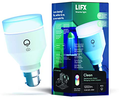LIFX Clean A60 1200 Lumen [B22-Bajonettsockel], Mehrfarbig mit antibakteriellem HEV, WLAN-fähige Smart LED-Glühlampe, Bridge nicht nötig, Kompatibel mit Alexa, Hey Google, HomeKit und Siri