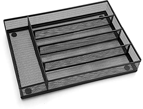 Homikit Cutlery Tray, Mesh Steel Flatware Drawer Organiser/Divider, 5 Compartments Ideal for Home Kitchen/Office Storage, Sturdy Utensil Tableware Holder with Anti-Slip Mats, 31.8x23.7x5cm, Black