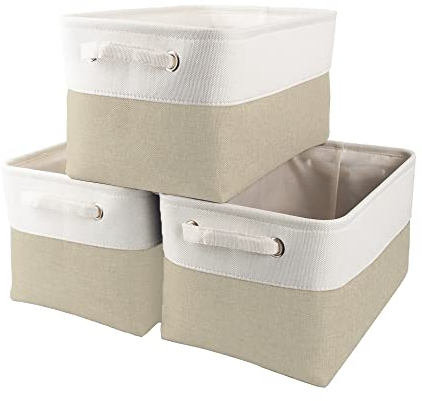 Mangata Canvas Storage Box 3 Pack, Fabric Storage Basket with Handles for Cupboards, Shelves, Clothes, Toys (Medium, Foldable, Light Khaki White)