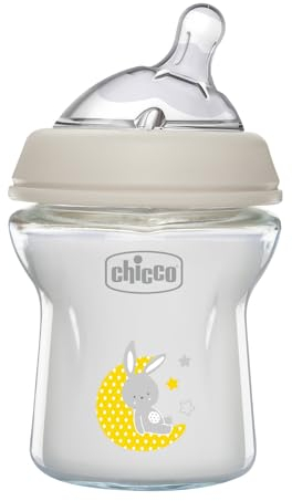 Chicco Natural Feeling Anti-Colic Bottle 0 Months + 150 ml in Glass, Baby Bottle with Teat in Soft and Flexible Silicone, Suitable for Mixed Breastfeeding, Slow Flow, Neutral Colour