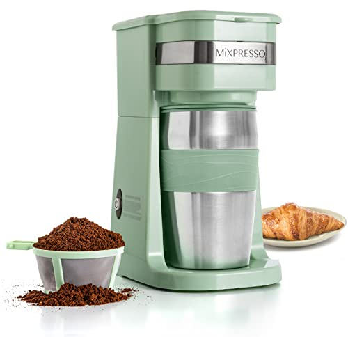 Mixpresso Personal Single Serve Coffee Maker & 14oz Travel Mug, Drip Coffee Brewer & Tumbler, Auto Shut Off & Reusable Filter, Green Coffee Maker Small, Compatible with Coffee Grounds
