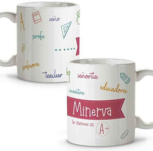 LolaPix Regalo para Profesora. Tazas Profesores. Taza personalizada con Nombre. Regalos para Profesores. Taza de Cerámica. Interior de colores. PROFESORA SOBRESALIENTE.