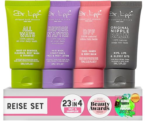 Dr. Lipp All You Need [2 x 100ml, 75ml & 15ml] – Kit 23-en-4 Naturel Multifonction : Gel Douche, Shampooing, Après-shampoing, Lait Corporel, Baume Lèvres & Mamelons – Soin Complet Peau & Cheveux Secs