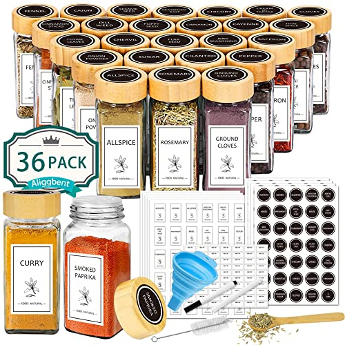 Aliggbent Spice Jars with Lable, 36 Pcs 4 oz Glass Spice Jars with Bamboo Lids, Spice Containers Bottles, Glass Seasoning Jars with Shaker Lids, Collapsible Funnel, for Spice Racks, Pantry,Cupboard