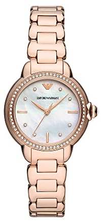 Emporio Armani Uhr für Damen , Dreizeigerwerk, 32MM Rose Gold Recycled Edelstahl (Mindestens 50%) Gehäuse mit einem Recycled Edelstahl (Mindestens 50%) Armband, AR11523