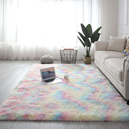 Nyescasa Hochflor Teppich Langflor Modern Flauschig Weich Rechteckig für Wohnzimmer Kinderzimmer Schlafzimmer Flur Läufer Regenbogen Shaggy Innen 80x120cm