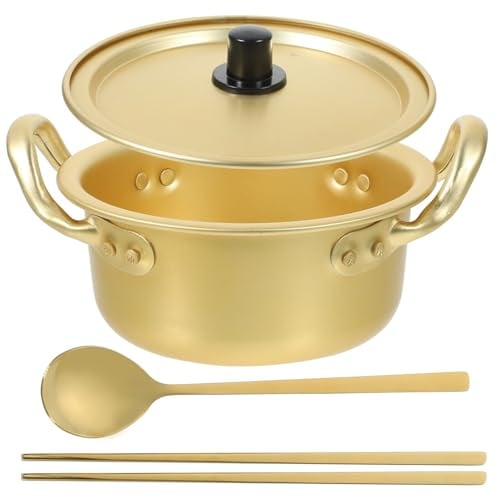 Operitacx Olla coreana para fideos ramen, olla de ramen de doble asa de 14 cm, olla de aluminio amarillo, olla de fideos instantáneos para fideos, sopa, pasta, huevo