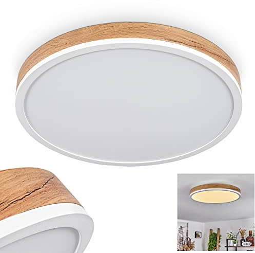 HOFSTEIN LED Deckenleuchte Salmi, modernes Deckenpanel aus Metall/MDF/Kunststoff in Weiß/Holzoptik/Braun, Ø 45 cm, flaches LED Panel 24 Watt, 1800 Lumen, 3000 Kelvin, Esszimmer, Wohnzimmer, Küche