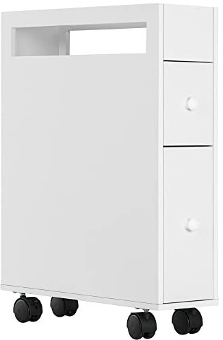 kleankin Mobiletto Salvaspazio Bagno con 4 Ruote, 2 Cassetti e Ripiano aperto, 16x49.5x66cm, Bianco