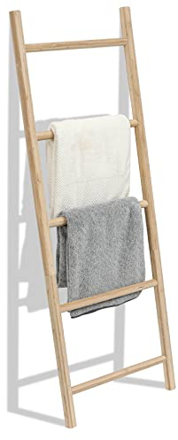 FUIN Fully Assembled 57in Bamboo Blanket Ladders Living Room Wood Decorative Wall Leaning Farmhouse Quilt Display Holder Rustic Wooden Towel Rack for Bathroom, Unfinished