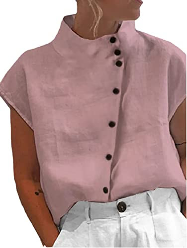 Chahuer Camicia da Donna in Lino di Cotone Abbottonata con Colletto a Stelo Casual Loose Comfortable Camicetta a Maniche Corte Rosa S