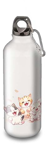Gourde/Bouteille d'eau en Aluminium - Acier Inoxydable (thermos 24h) réutilisable 330ml à 750ml, thème anime japonais Chatons (Aluminium, Mousqueton M 500ml)
