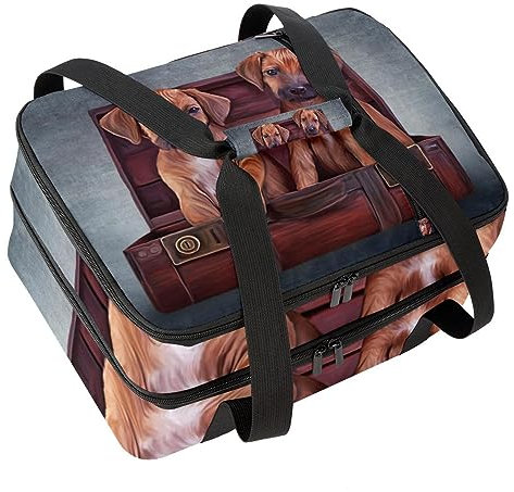 VAPOKF Lunchtaschen für Damen und Herren, Doppelstöckige Lunch-Kühltasche, große Tragetasche, isolierte Lunchbox für Arbeit, Schule, Picknick, Camping – Teo Welpen in einer Vintage-Holzkiste