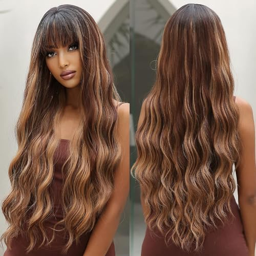 OUFEI Lange Gewellte Braun Highlight Perücke mit Pony Natürliches Synthetisches Haar Hitzebeständige Perücken für Frauen Cosplay Täglichen Party Gebrauch