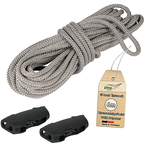 Pina DESIGN seit 1979-6m Tauwerk, Ø 6mm Seil für Sonnensegel aus Polyester Silber-grau | für Flaschenzug, Umlenkrolle, Seilzug & Boote, 800kg Reißlast & Bruchlast 1050 daN (Tauwerk + 2 Seilklemmen)
