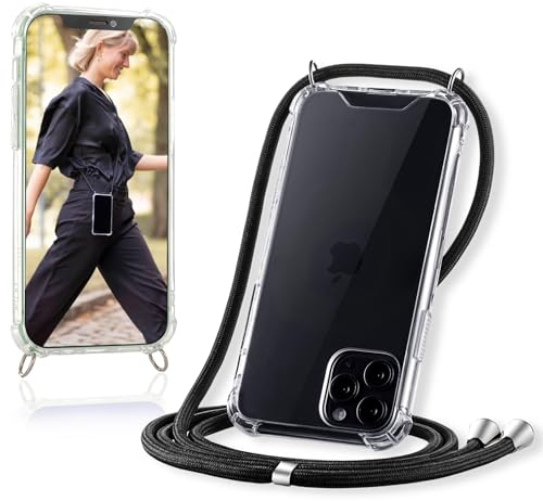 JProtect für iPhone 12 Pro Max Hülle mit Band – Handyhülle zum Umhängen mit Band in Schwarz – Handykette iPhone 12 Pro Max Kordel Hülle mit Kette/Schnur – Schützendes Case
