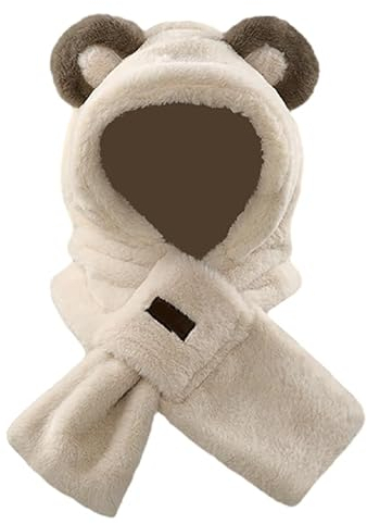 dressfan Plüsch Bär Ohren Mütze Schal 2 in 1 Set, Tier Bär Warme Mütze Hut Ohrenklappen,Lustige Neuheit Geburtstag Weihnachten Geschenke für Kinder Erwachsene,Weiß