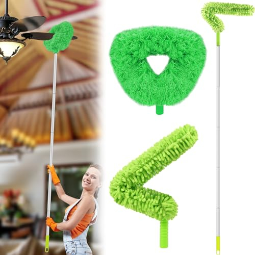Lalafancy Plumero de techo y ventilador con extensión de mango largo, limpiador de cuchillas de microfibra 2 en 1, extraíble y lavable para limpiar muebles de pared, estanterías, puertas, hasta 10