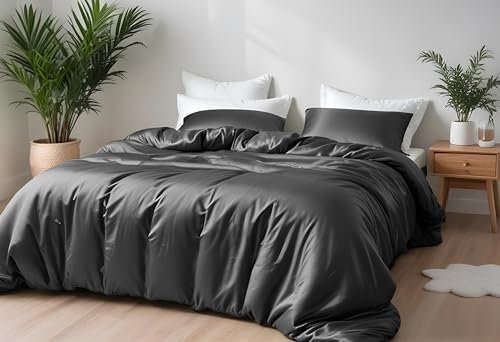LINENWALAS Bamboo Bed Linen Set, Premium Bamboo Silk Duvet Cover Set with Pillowcase, 3-Piece Bedding Set, 220 x 240 cm Luxury, Soft, Cooling Quilt Cover (Charcoal Grey)