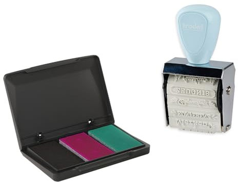 Trodat Creative Mini Stempel Set Schulplaner zum kreativen Gestalten – 12 Abdrucke, Deutsch, Kreativstempel in Pastellblau inkl. Stempelkissen in Pink, Schwarz, Grün, 30x5 mm