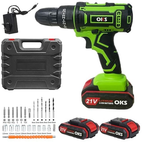 Cordless Drill Driver, 21V Electric Drill Screwdriver Kit with 25+1 Torque, 2 Speed with 2 Batteries 2.0Ah, LED Light Cordless Combi for Home and Garden DIY Project (Green)