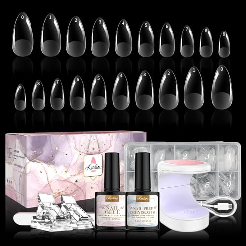 Almendra 500pcs Uñas Postizas Mediana Corta, Soft Gel Tips, Kit Acrílicas, Lámpara UV, 4 en 1 Pegamento, Completo Manicura