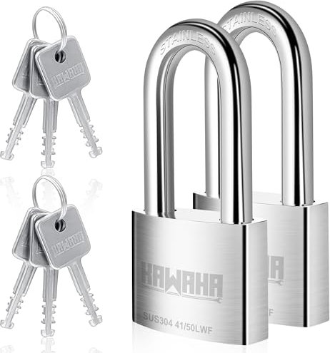 KAWAHA 41/50L-2PS Lot de 2 cadenas haute sécurité à anse longue en acier inoxydable avec clé en acier inoxydable pour une utilisation en intérieur et extérieur (robuste, antirouille) (50 mm, clés