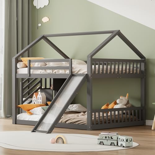 HAINEW Kinderbett Etagenbett 140 x 200cm mit Stauraum treppe und Rutsche, Kinder Holzbett Hausbett Hochbett Doppelbett Stockbett Bodenbett mit Geländer für Kinder und Jugendliche (Grau)