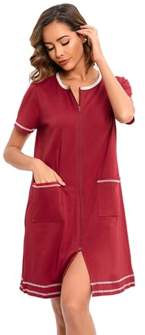Alunsito Damen-Hausmantel mit Reißverschluss vorne Kurze Ärmel Bademantel Bademäntel mit Reißverschluss kurzes Nachthemd mit Taschen Rot Größe XX-Large