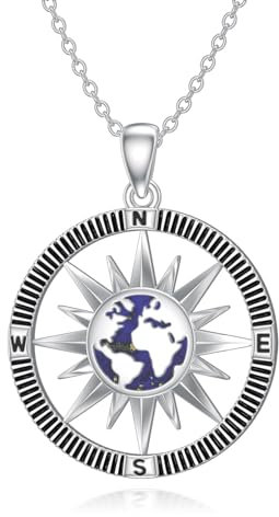 PROESS Kompass Weltkugel Halskette 925 Sterling Silber Globus Anhänger Kette Kompass Weltkarte Schmuck Abschluss Geschenke für Frauen und Mädchen