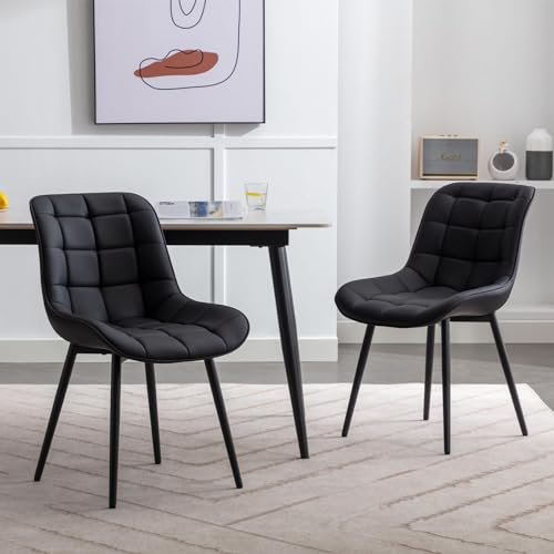 ALEAVIC Sillas de Comedor Pack 2, Sillas de Cocina de Cuero de Faux con Patrón de Rejilla Sillas Tapizadas para Comedor, Cocina, Sala de Estar, Negro
