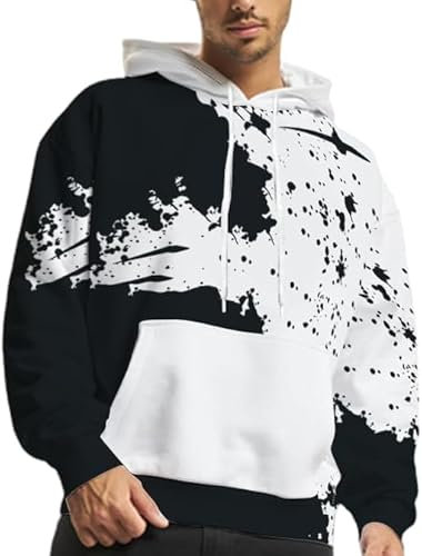 Men's Pullover Hoodie Loose Fit Super Soft Hooded Sweatshirt with Pockets (UK, Alpha, S, Regular, Regular, Black and white)