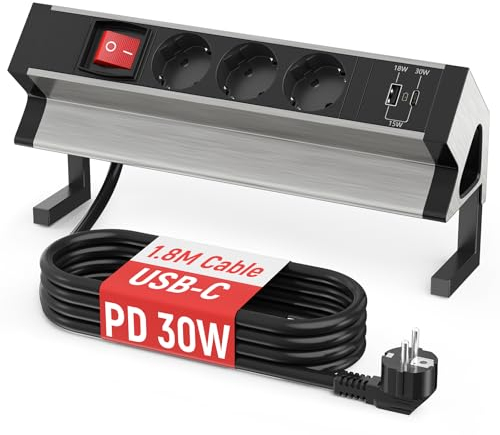 Regleta Enchufes de Mesa con USB C PD 30W, Aluminio Toma de Mesa 3 Enchufes con Interruptor, Regleta de Mesa para Oficina, Cable de 1,8 m