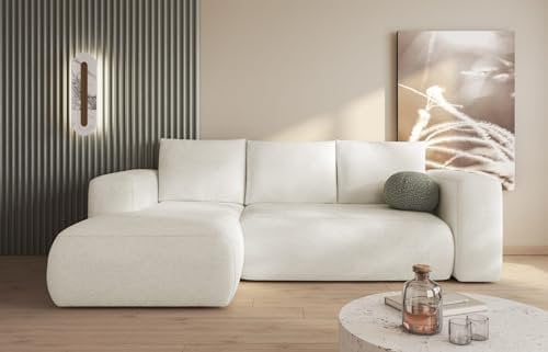 MODERNO Ecksofa mit Schlaffunktion und Bettkasten LAMBI - Sofa mit 3 Sitzen und Robusten Überzug - Schlafcouch L-Form - Modern Couch 266x164x89 cm - Ecke Links Creme