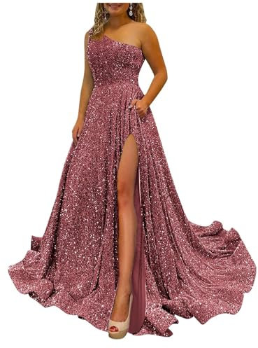 HPPEE Robe de bal à une épaule dénudée pour adolescentes, longue avec fente à paillettes scintillantes, robe de soirée formelle, vieux rose, 36