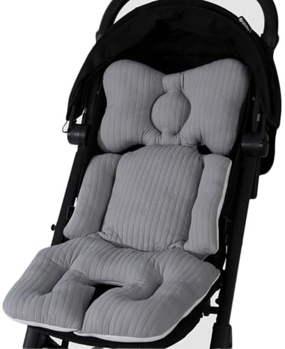 JUMUAO Universal Kinderwagen Sitzauflage Winter und Sommer,Doppelseitig Verwendbares Sitzeinlage aus Atmungsaktive 100% Baumwolle,verstellbarer Kinderwageneinsatz, Kinderwagen Sitzkissen (Grau)